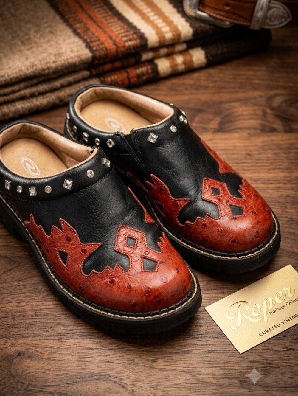 Roper Black and Brown Western-Style Studded Clogs